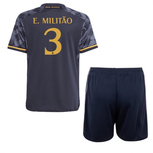 Otroški Nogometni dresi Real Madrid Eder Militao #3 Gostujoči 2023-24 Kratek Rokav (+ Kratke hlače)